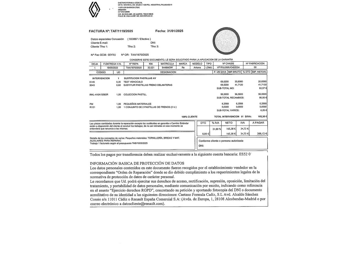 Foto del mantenimiento del Renault Arkana Renault Arkana Equilibre TCe (140 CV) EDC Microhíbrido