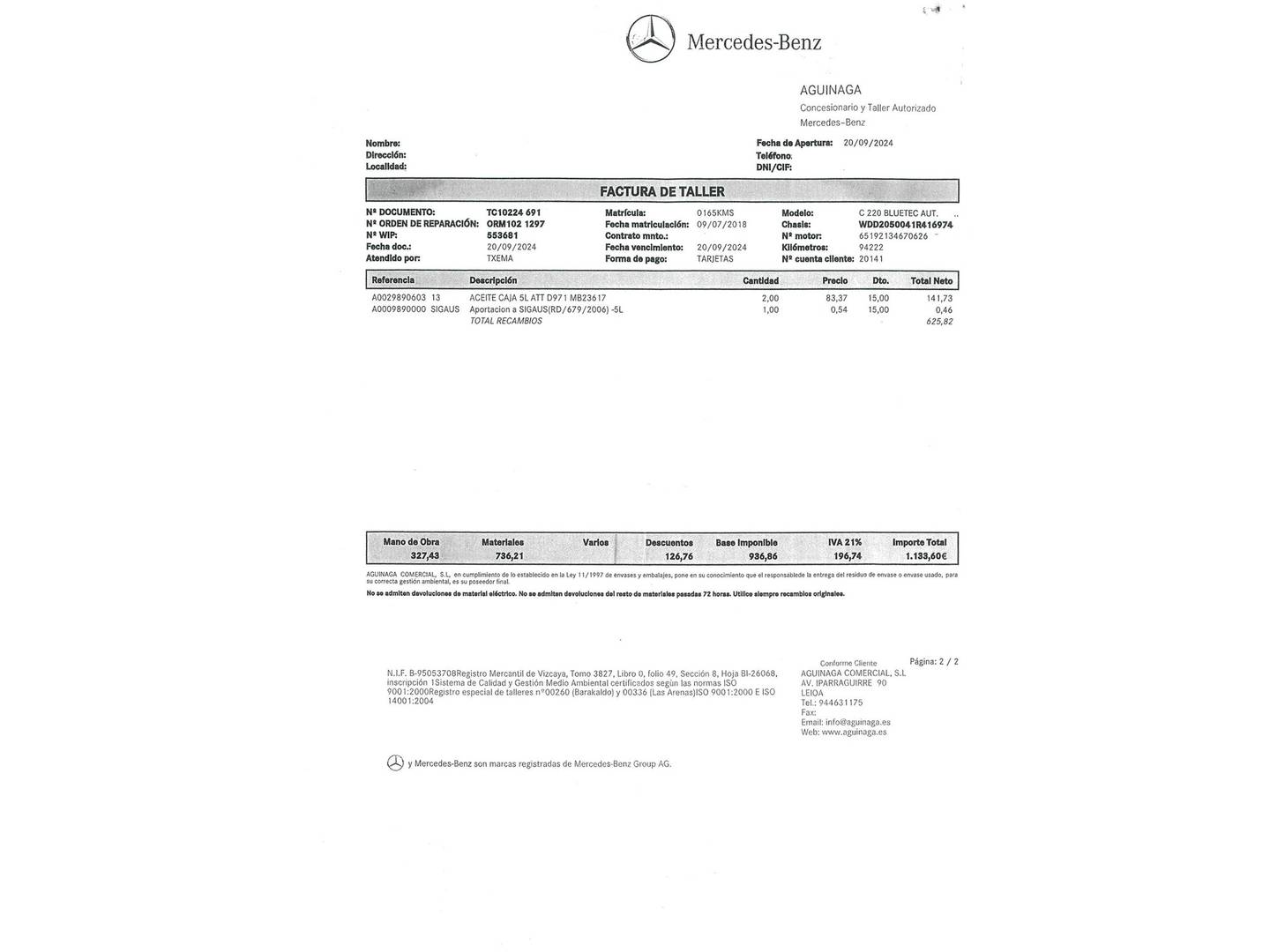 Foto del mantenimiento del Mercedes Clase C Mercedes Clase C 220 d (170 CV) Pack AMG