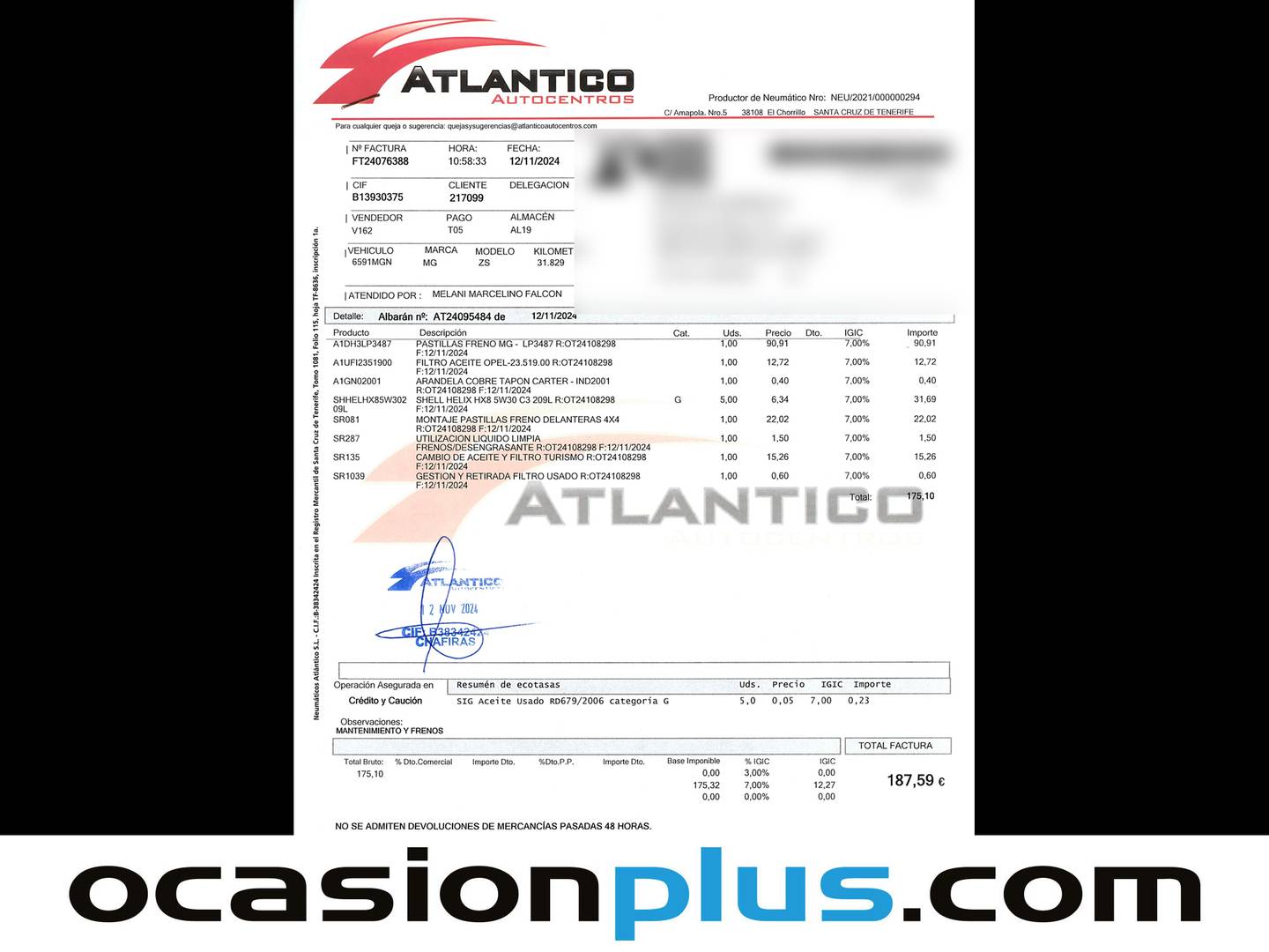 Foto del mantenimiento del MG ZS MG ZS 1.0T Luxury Auto (111 CV)