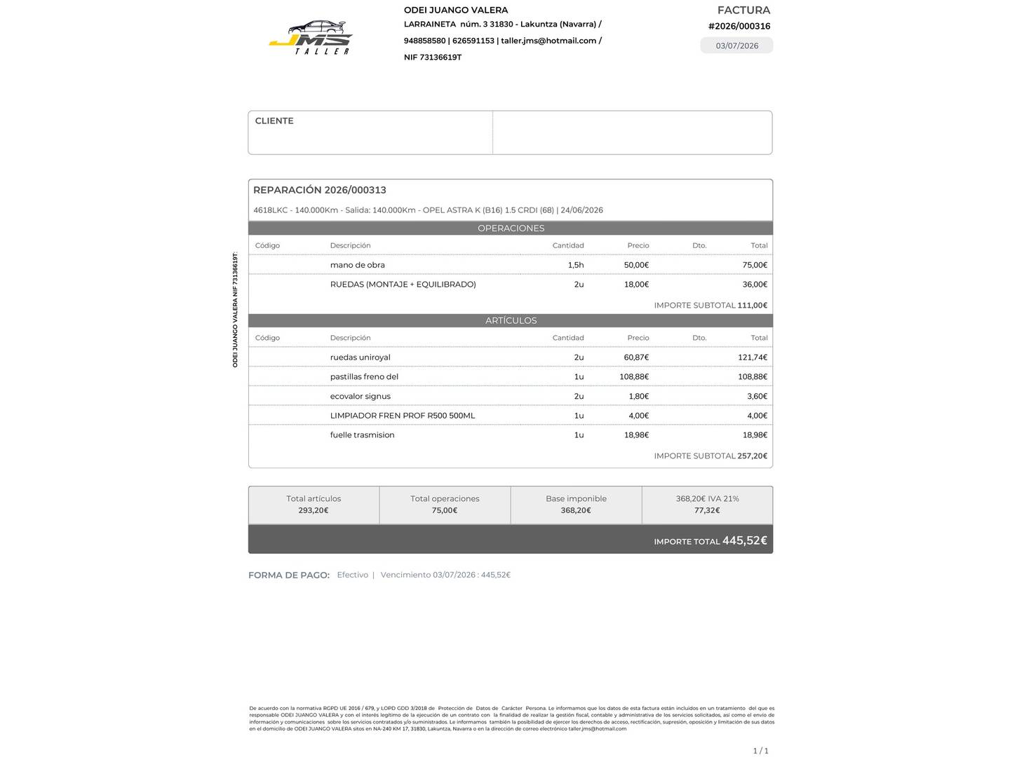 Foto del mantenimiento del Opel Astra Opel Astra 1.5 D Elegance (122 CV)