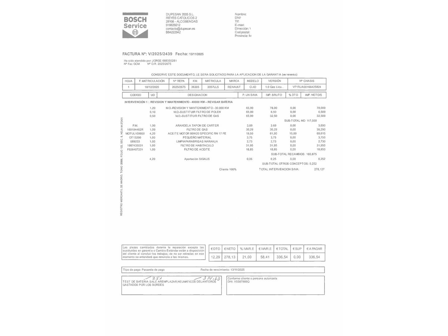 Foto del mantenimiento del Renault Clio Renault Clio Intens TCe (100 CV) GLP