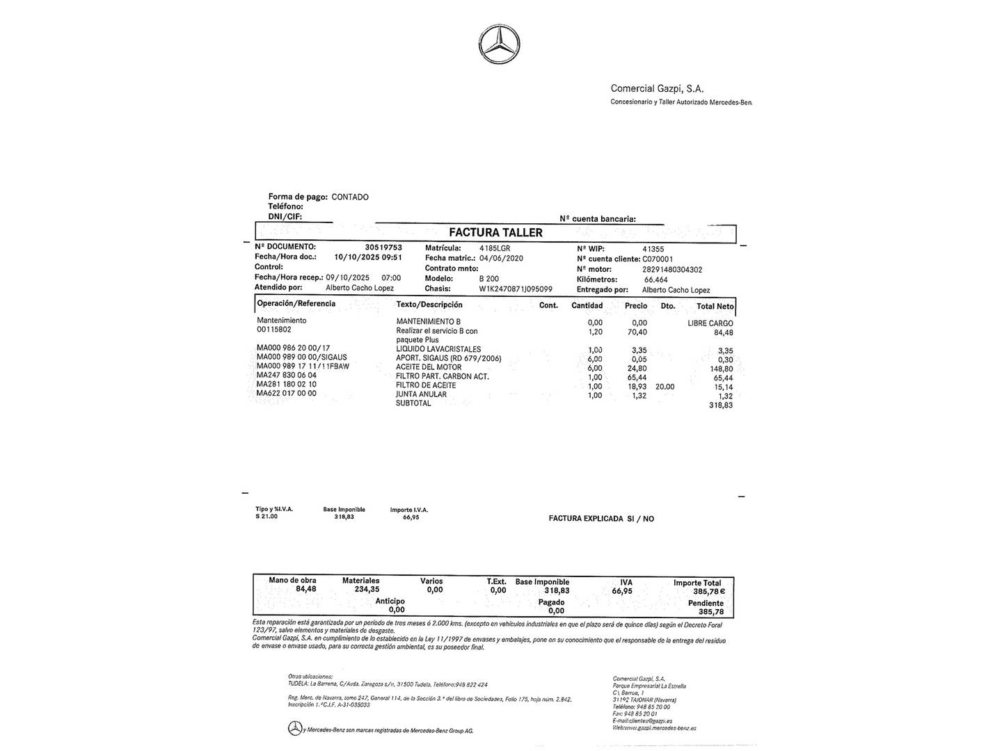 Foto del mantenimiento del Mercedes Clase B Mercedes Clase B B 200 (163 CV) Pack AMG