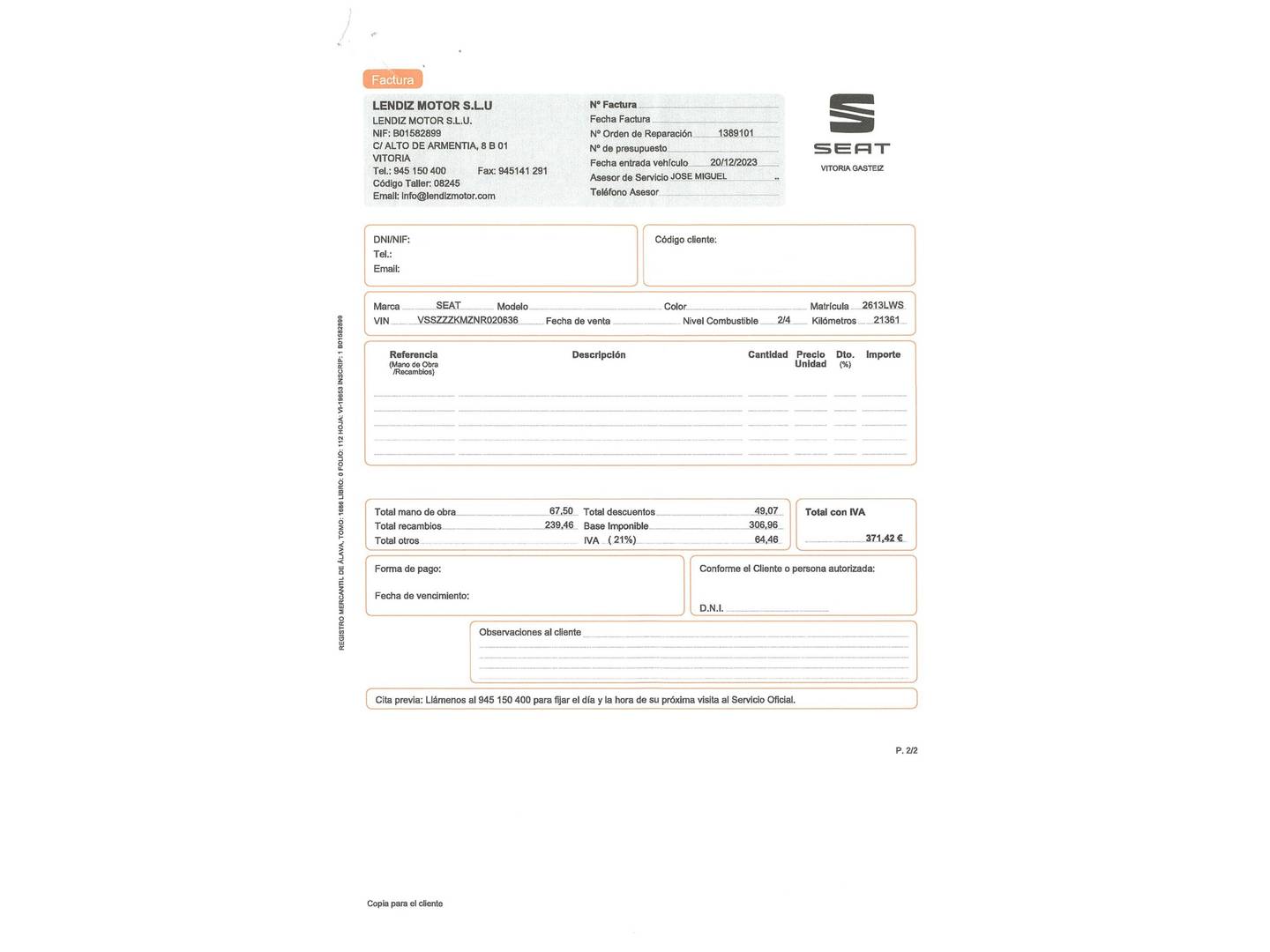 Foto del mantenimiento del Cupra Formentor Cupra Formentor 2.0 TSI 4Drive DSG (190 CV)