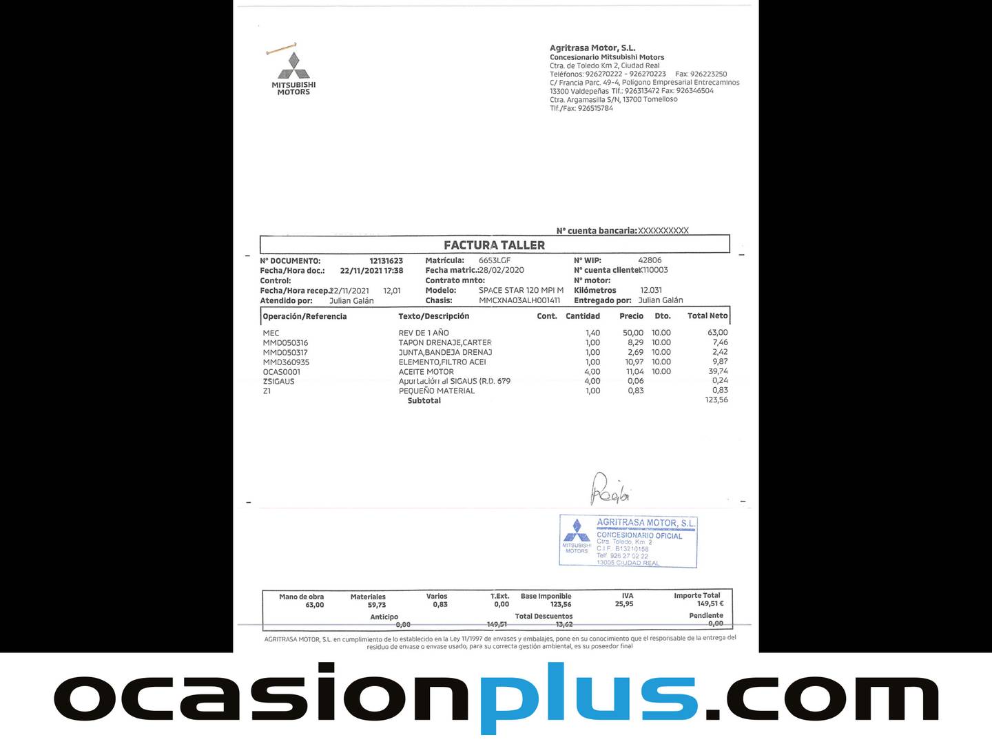 Foto del mantenimiento del Mitsubishi Space Star Mitsubishi Space Star 120 MPI Motion (80 CV)