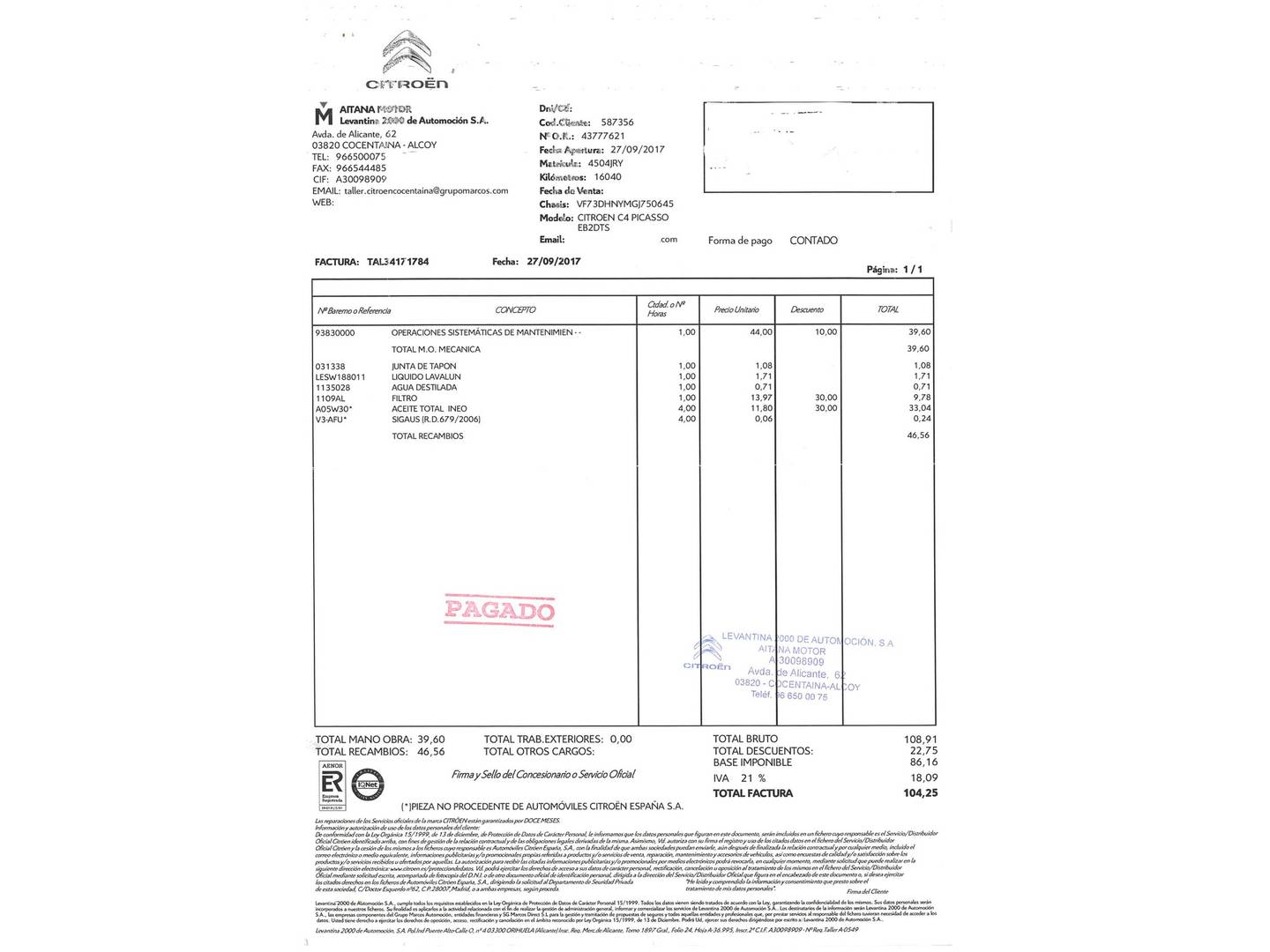 Foto del mantenimiento del Citroën C4 Picasso Citroën C4 Picasso PureTech 130 S&S Seduction (130 CV)