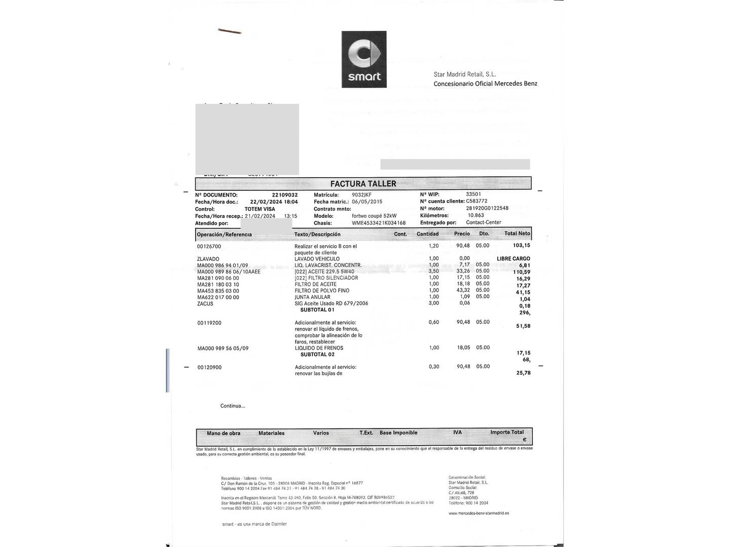 Foto del mantenimiento del Smart fortwo Smart ForTwo Coupe 52 Passion (71 CV)
