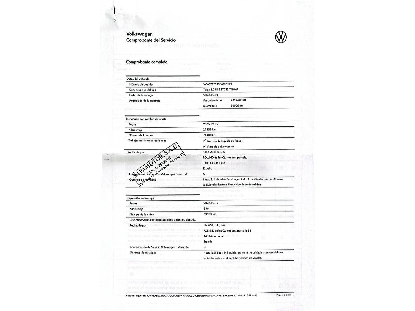 Foto del mantenimiento del Volkswagen Taigo Volkswagen Taigo Life 1.0 TSI (110 CV)
