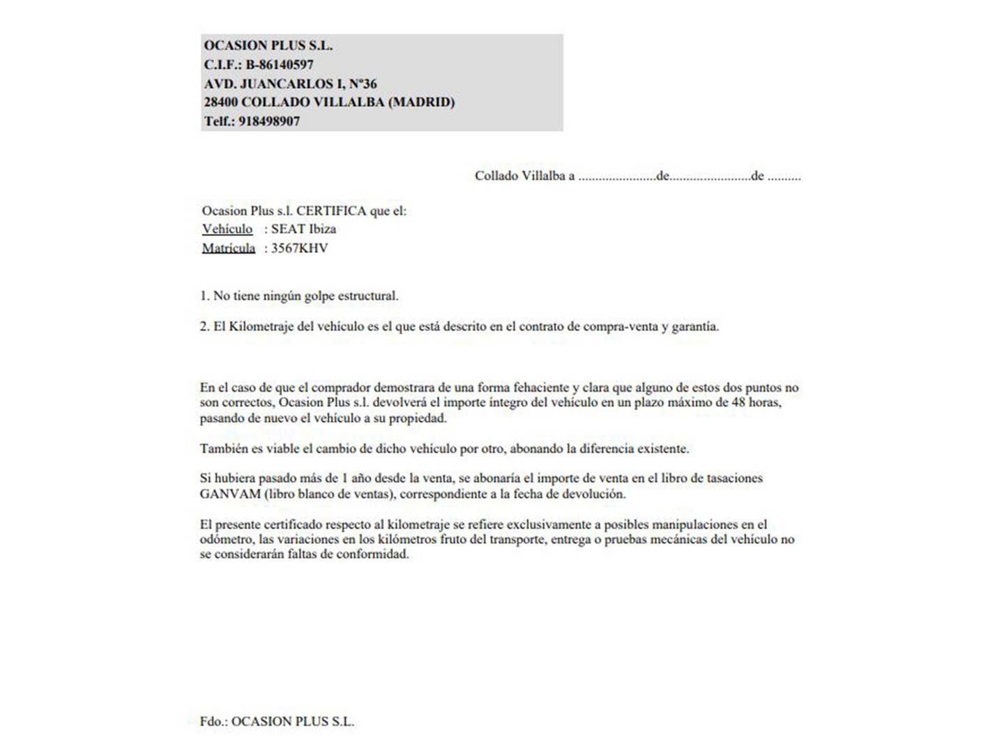 Foto del certificado del Seat Ibiza Seat Ibiza 1.0 Style (75 CV)