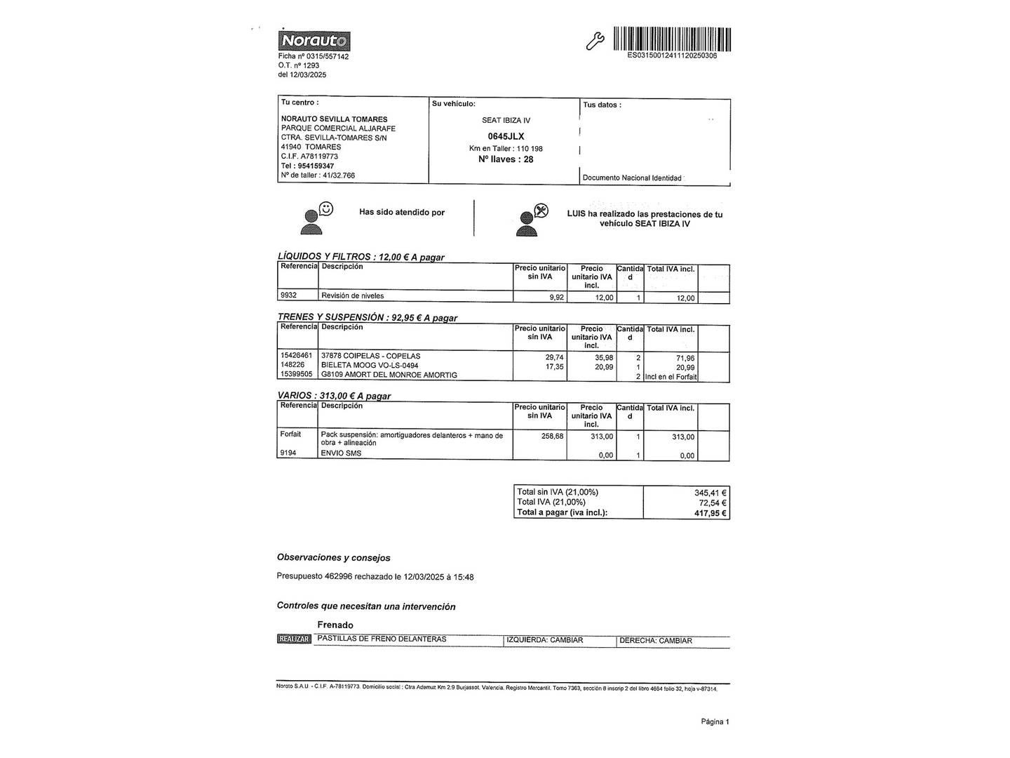 Foto del mantenimiento del Seat Ibiza Seat Ibiza 1.4 TDI Style (105 CV)