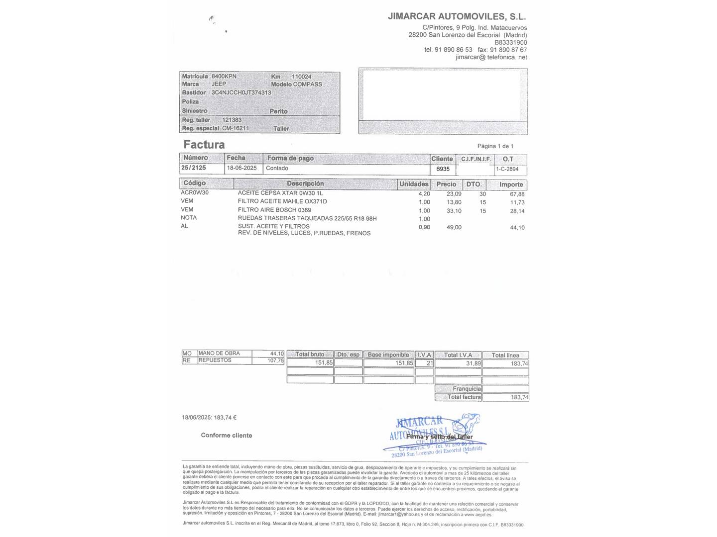 Foto del mantenimiento del Jeep Compass Jeep Compass 1.4 Multiair Limited 4x2 (140 CV)