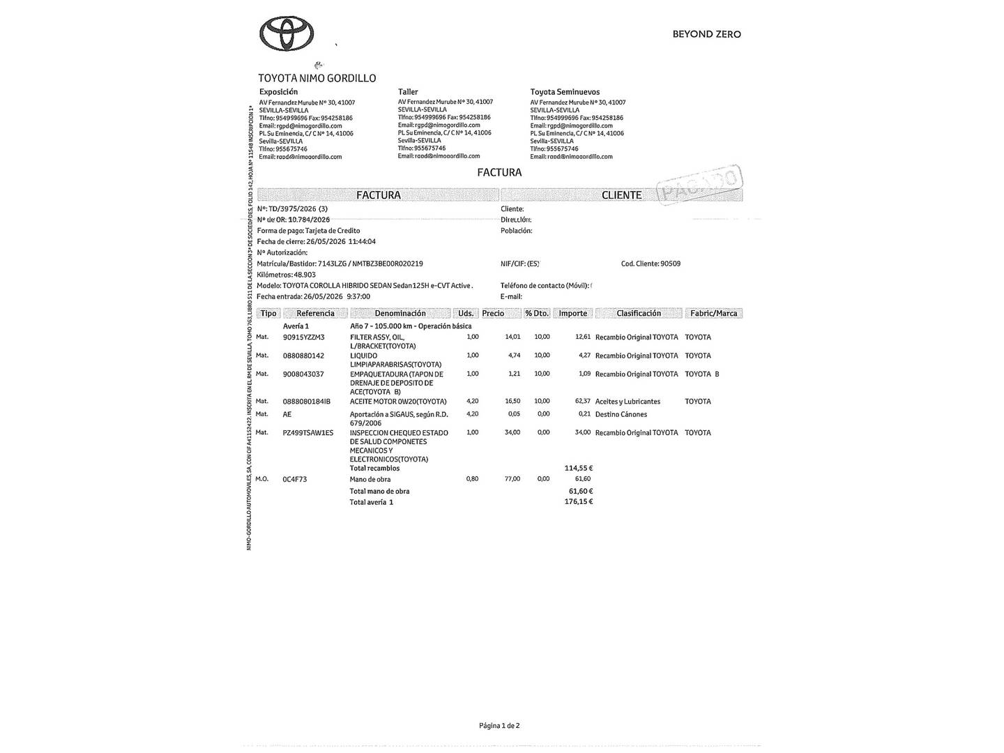 Foto del mantenimiento del Toyota Corolla Toyota Corolla 1.8 125H Business Plus E-CVT (122 CV)