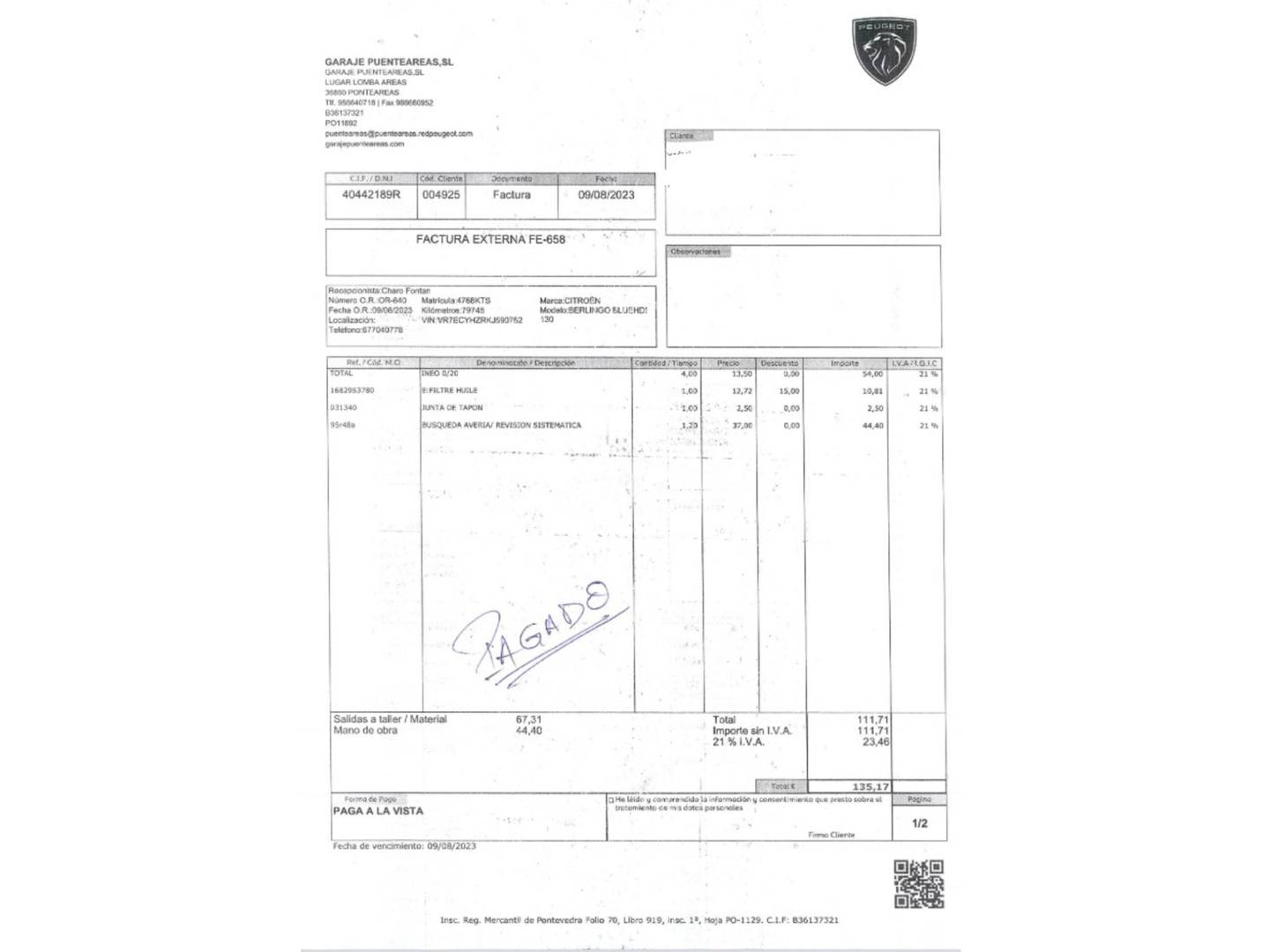 Foto del mantenimiento del Citroën Berlingo Citroen Berlingo BlueHDi 130 S&S Talla M Shine EAT8 XTR (130 CV)