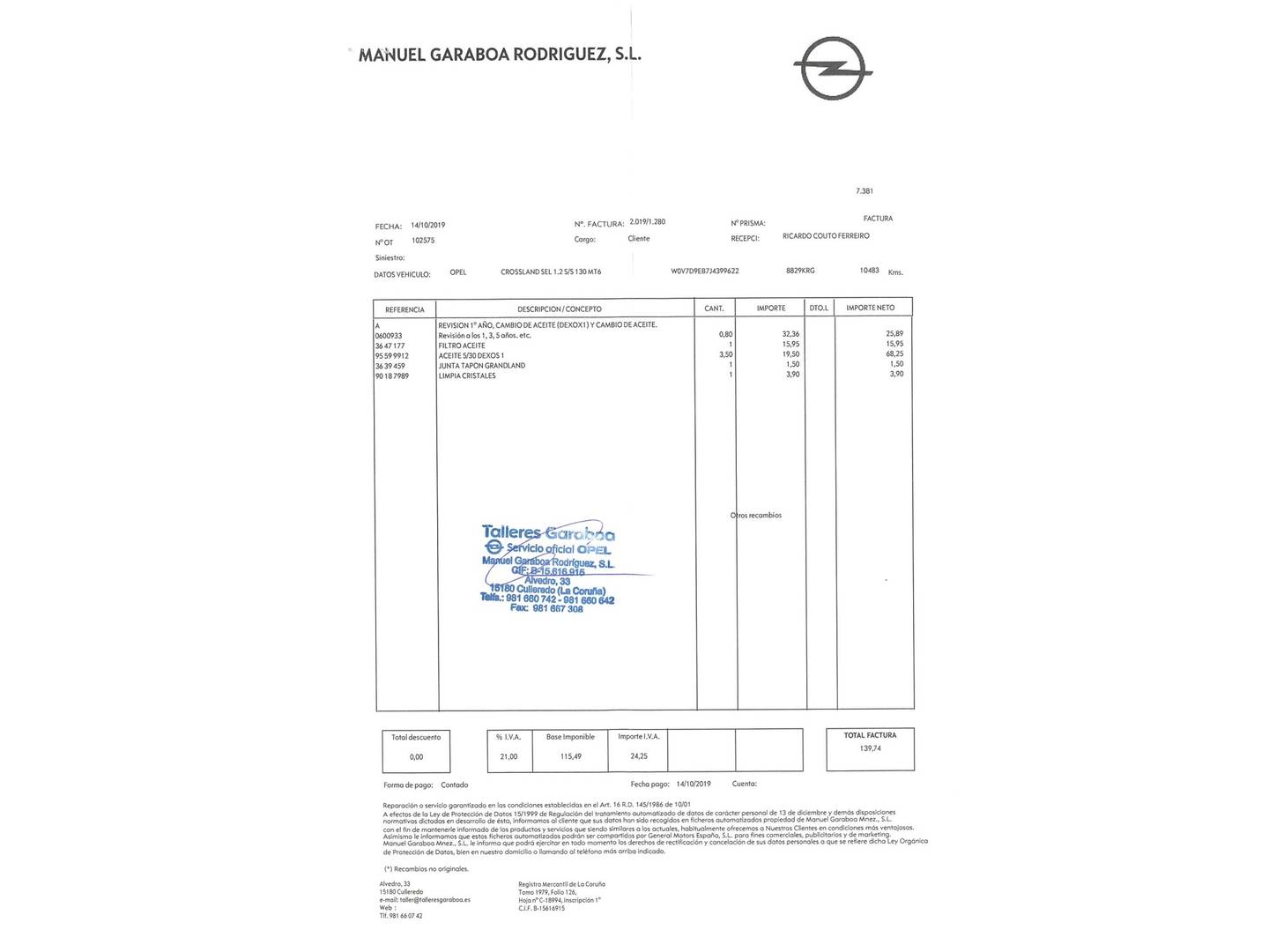 Foto del mantenimiento del Opel Crossland X Opel Grandland X 1.2 Turbo S&S Selective (130 CV)