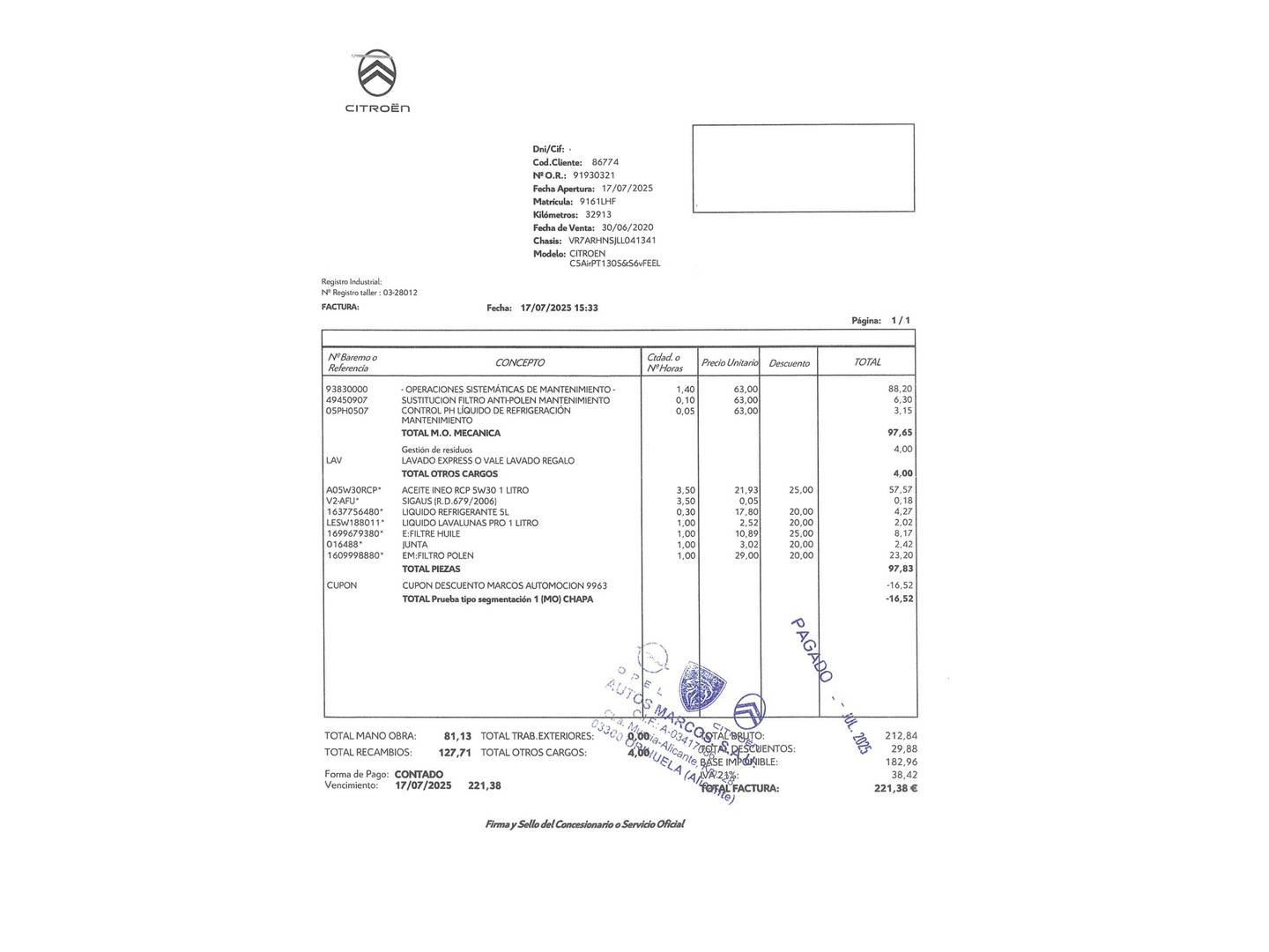 Foto del mantenimiento del Citroën C5 Aircross Citroën C5 Aircross PureTech 130 S&S Feel (131 CV)