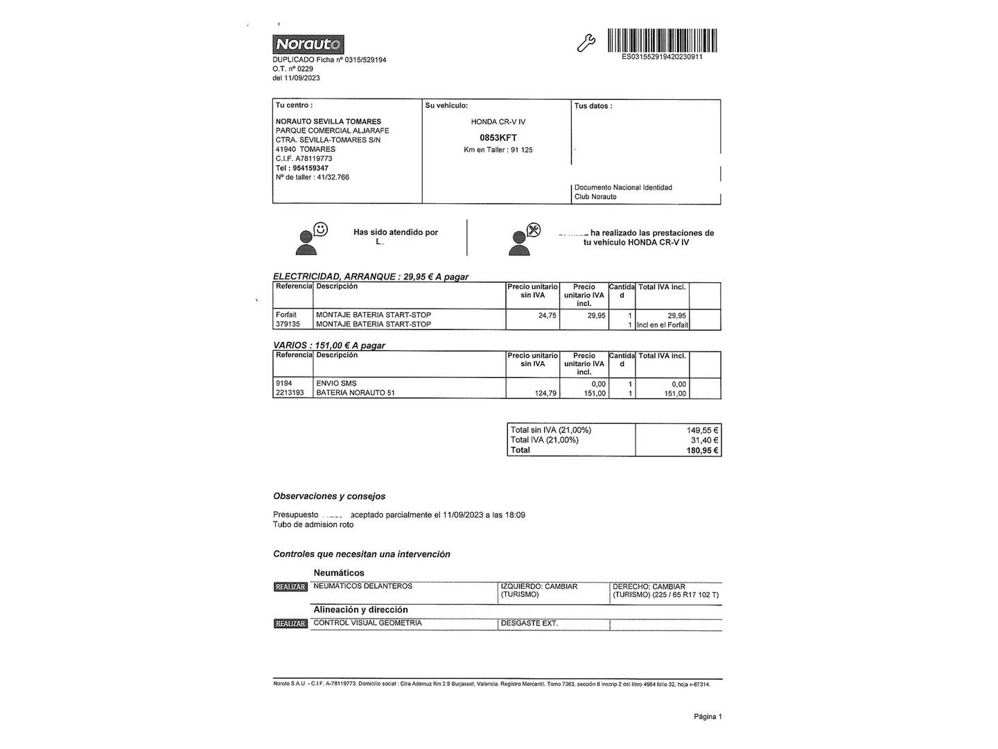 Foto del mantenimiento del Honda CR-V Honda CR-V 1.6 i-DTEC Comfort 4x2 (120 CV)
