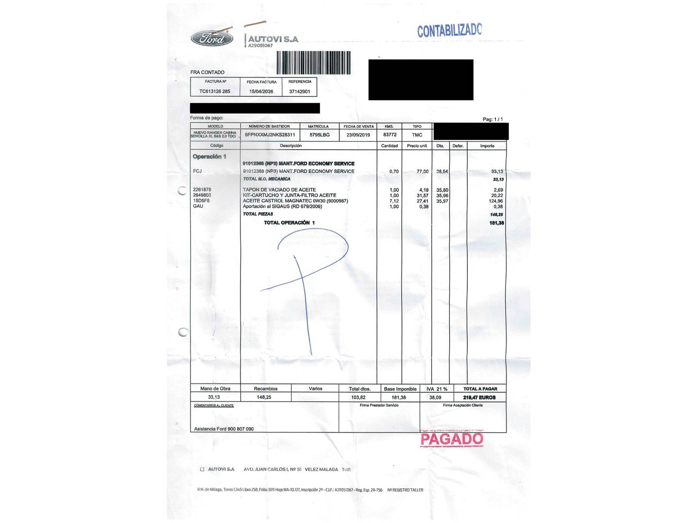 Foto del mantenimiento del Ford Ranger Ford Ranger 2.0 TDCI S&S Doble Cabina XL 4x4 (170 CV)