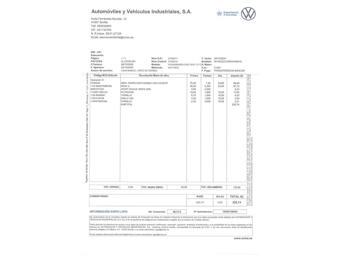Foto del mantenimiento del Volkswagen Golf Volkswagen Golf ``Más`` 1.5 TSI (116 CV)