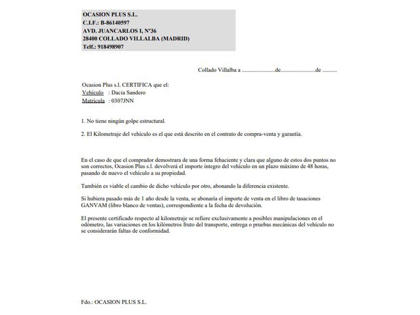 Foto del certificado del Dacia Sandero Dacia Sandero 1.2 Ambiance (75 CV)