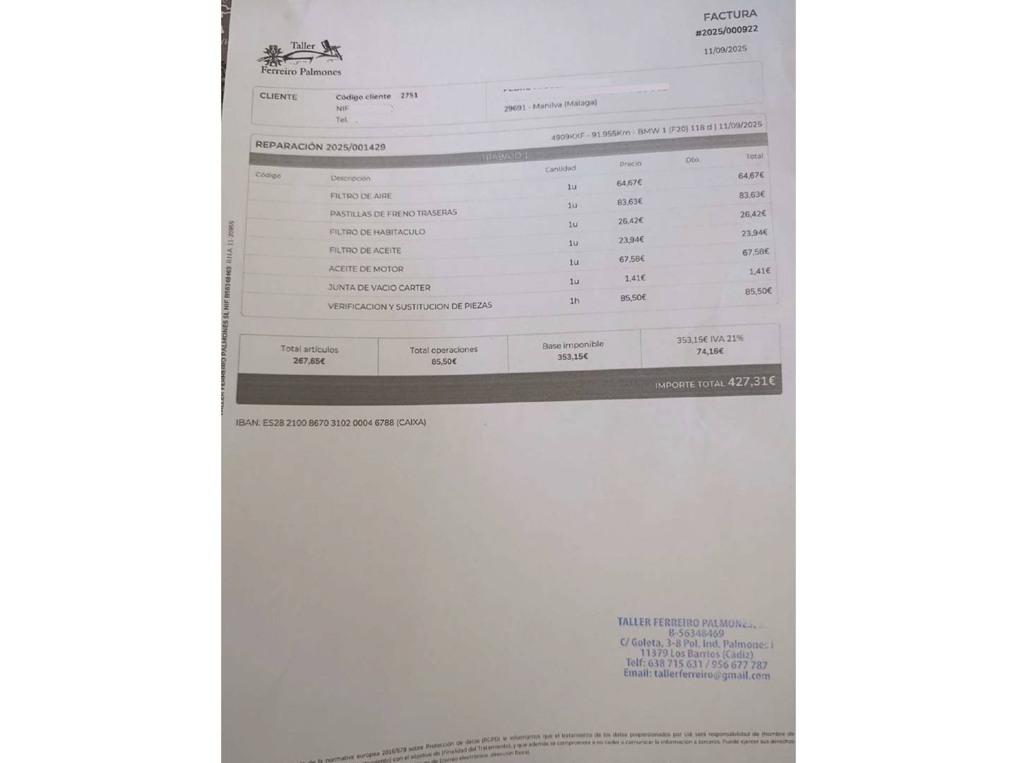 Foto del mantenimiento del BMW Serie 1 BMW Serie 1 118d (150 CV)