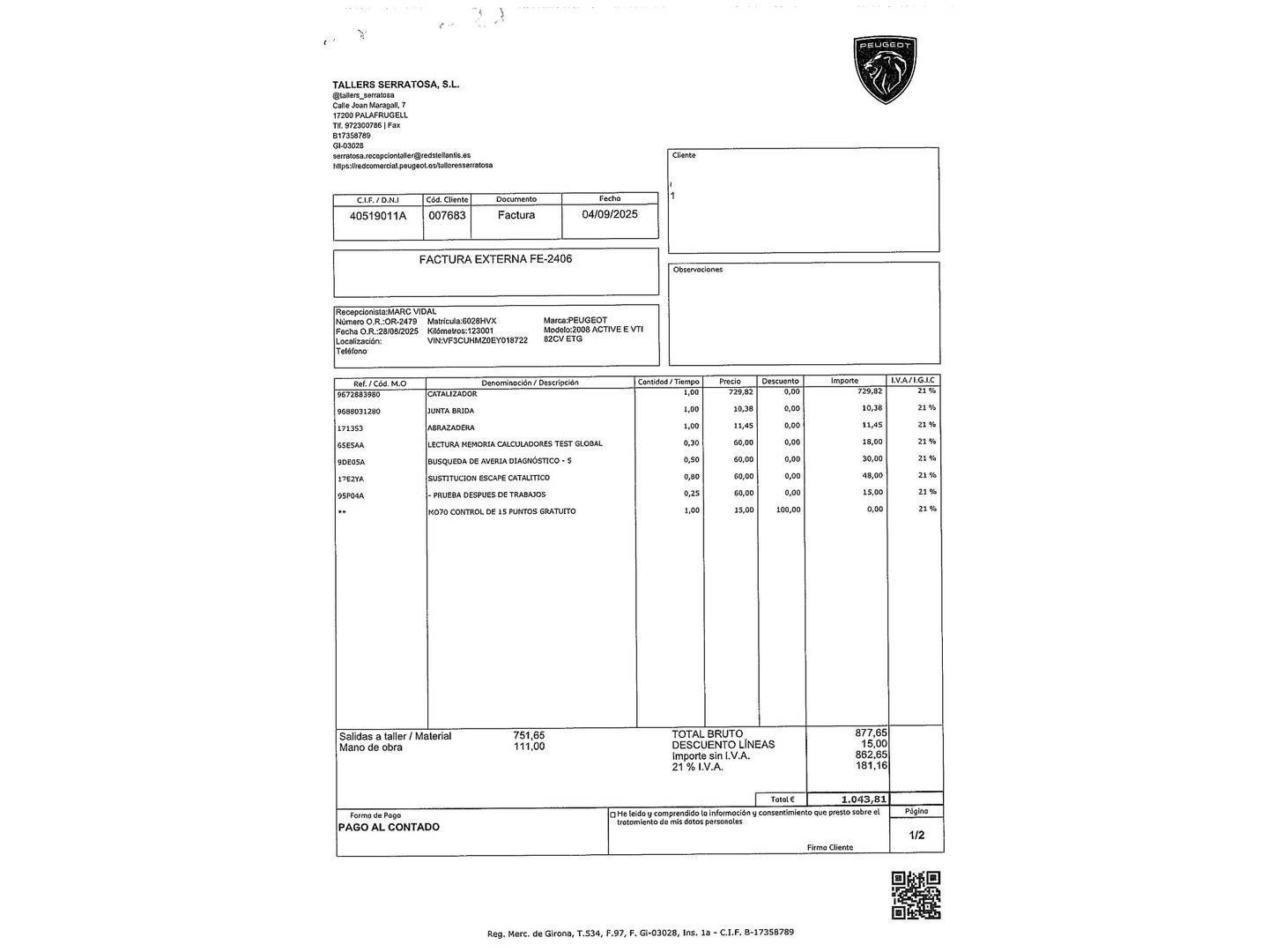 Foto del mantenimiento del Peugeot 2008 Peugeot 2008 VTI 82 Active ETG5 (82 CV)