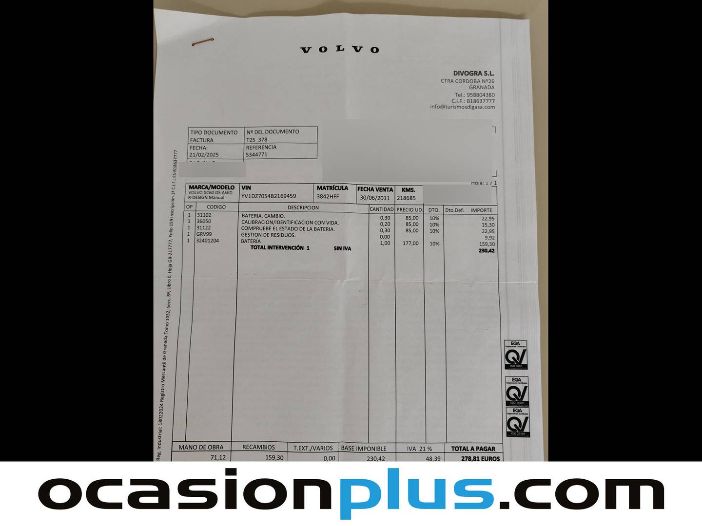 Foto del mantenimiento del Volvo XC60 Volvo XC60 D5 R-Design AWD Auto (205 CV)