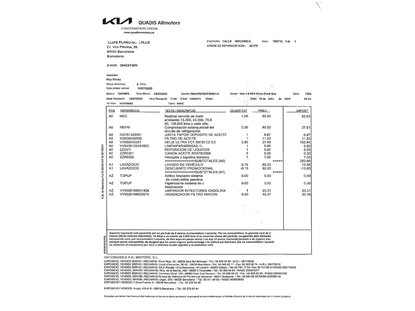 Foto del mantenimiento del KIA Niro KIA Niro 1.6 GDi HEV Híbrido Drive (141 CV)