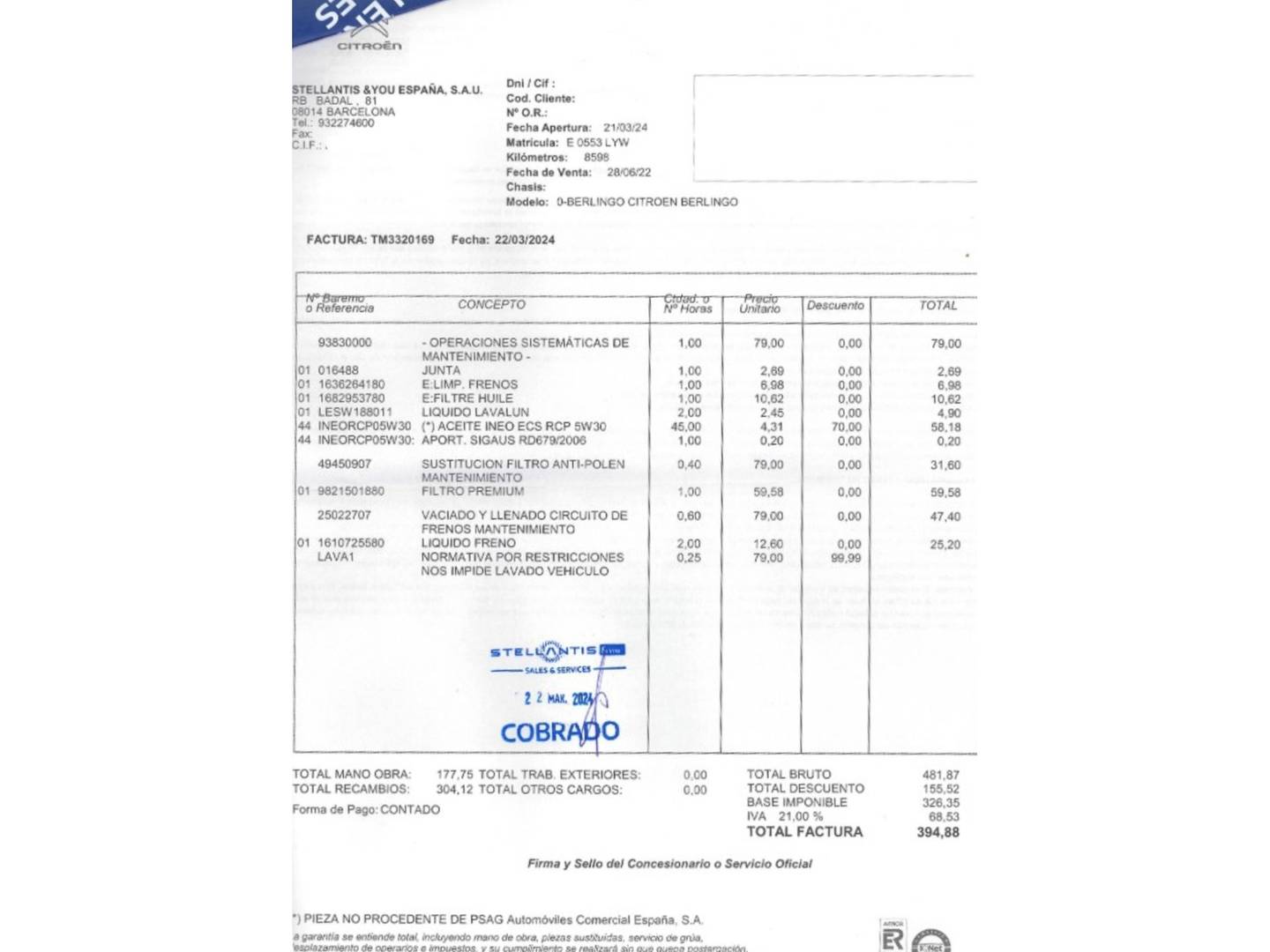 Foto del mantenimiento del Citroën Berlingo Citroën Berlingo BlueHDi 130 S&S Talla M Shine (130 CV)