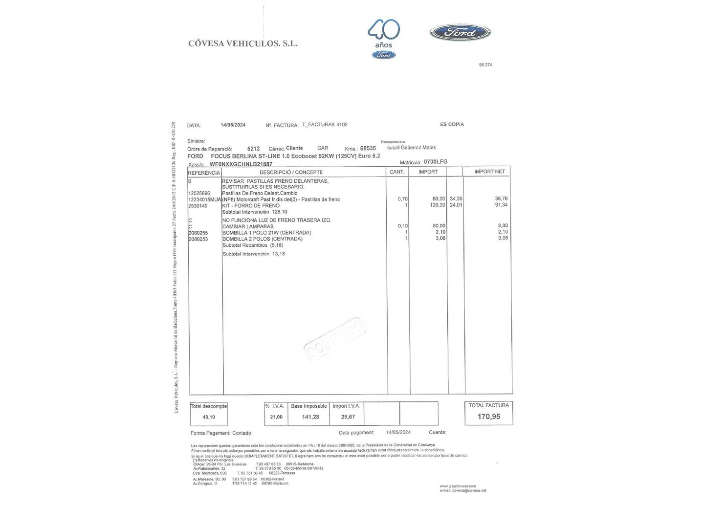Foto del mantenimiento del Ford Focus Ford Focus 1.0 Ecoboost S&S ST-Line (125 CV)
