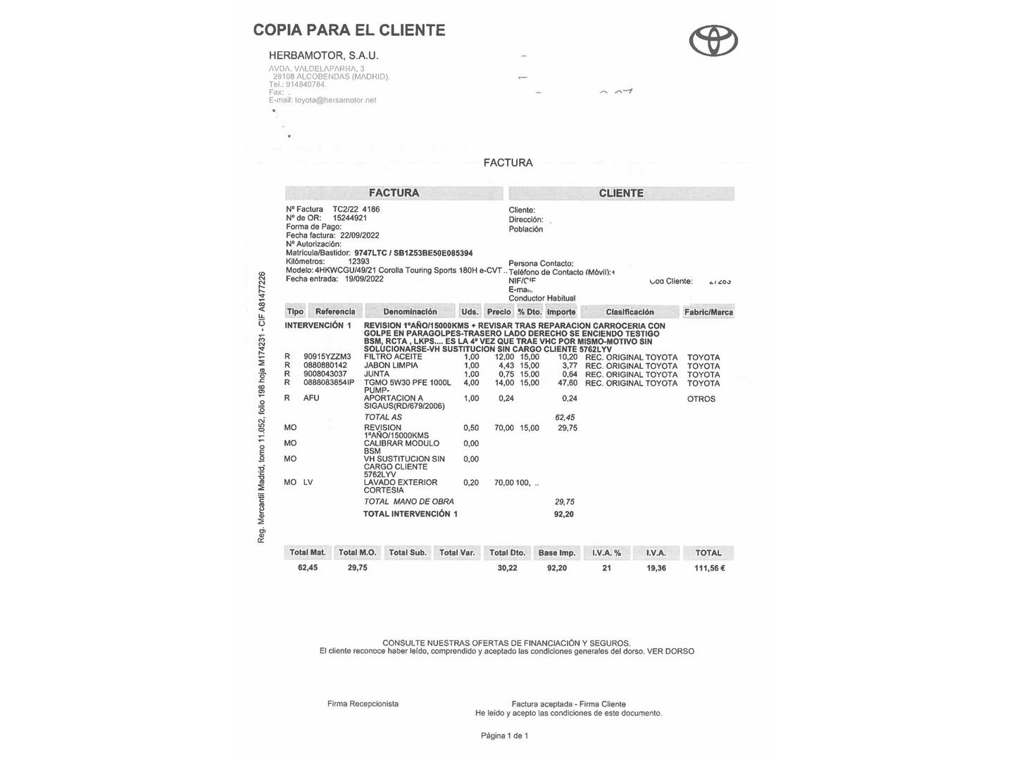 Foto del mantenimiento del Toyota Corolla Toyota Corolla Touring Sports 180H Advance E-CVT (180 CV)