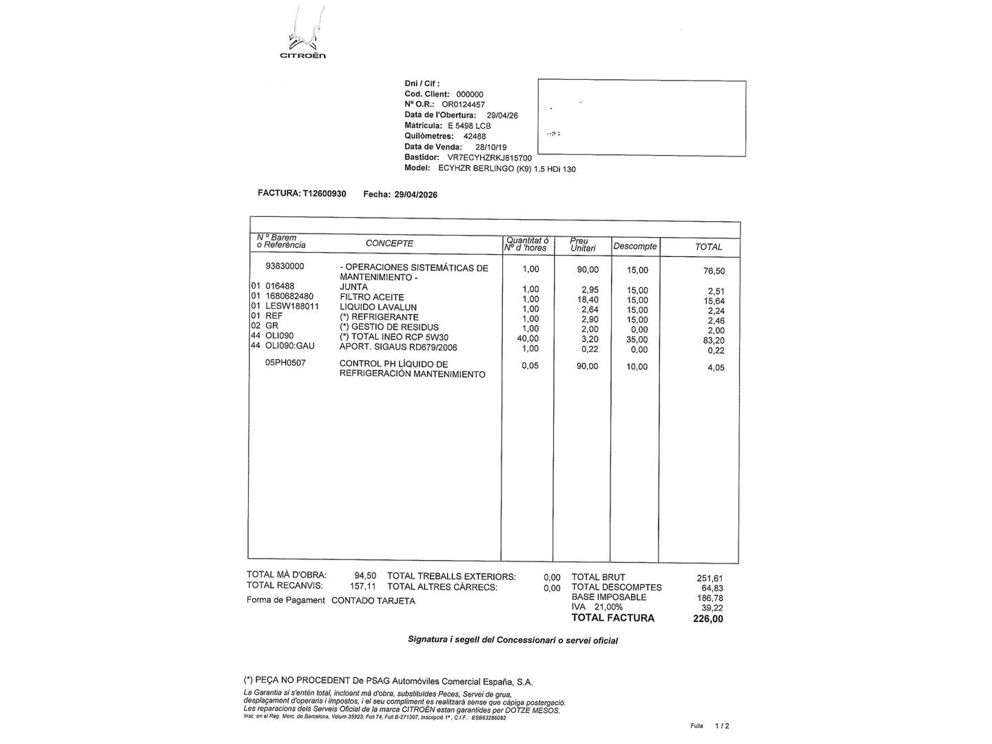 Foto del mantenimiento del Citroën Berlingo Citroën Berlingo BlueHDi 130 S&S Talla XL Shine EAT8 (130 CV) 7 Plazas