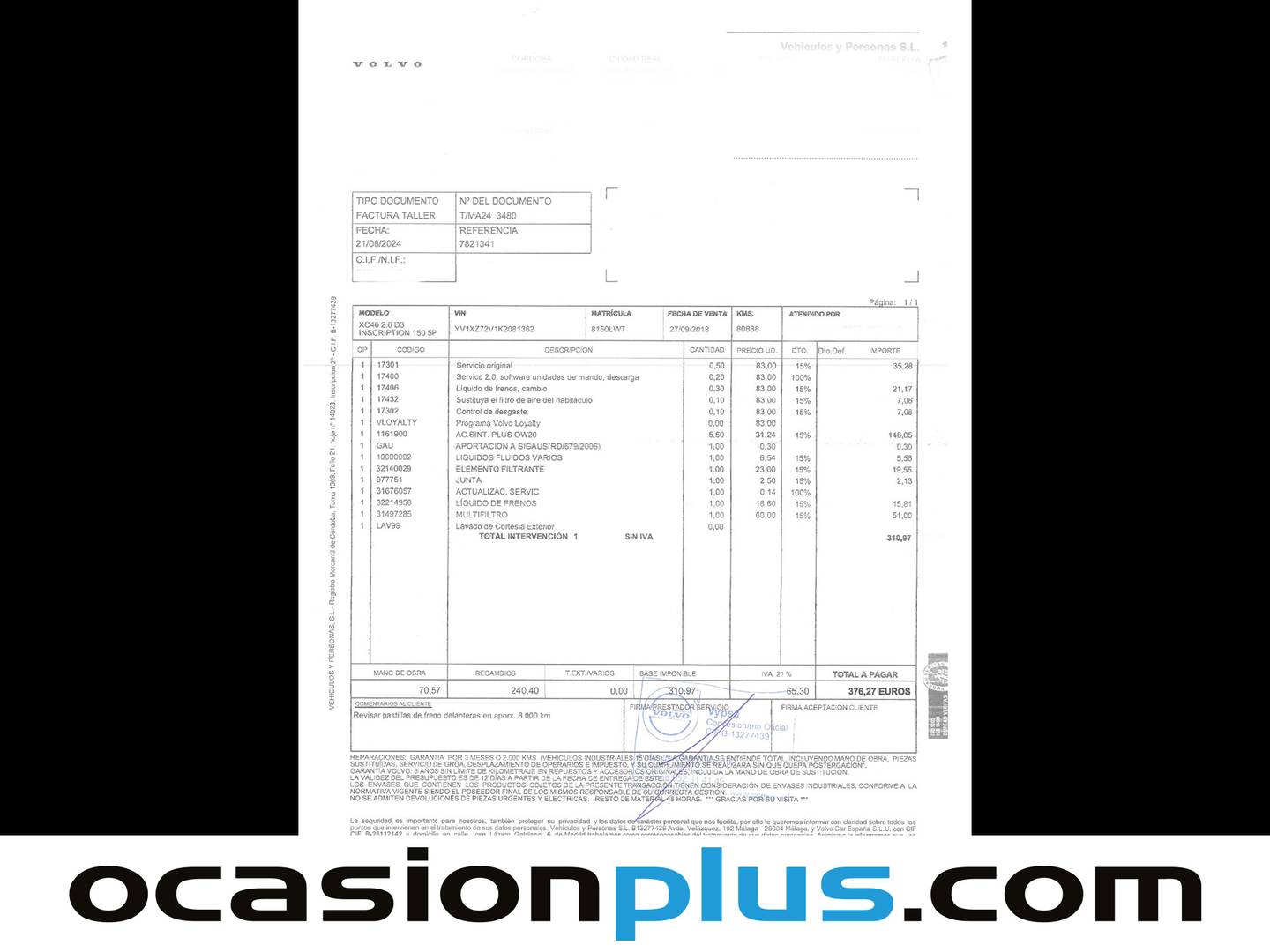 Foto del mantenimiento del Volvo XC40 Volvo XC40 D3 Inscription (150 CV)