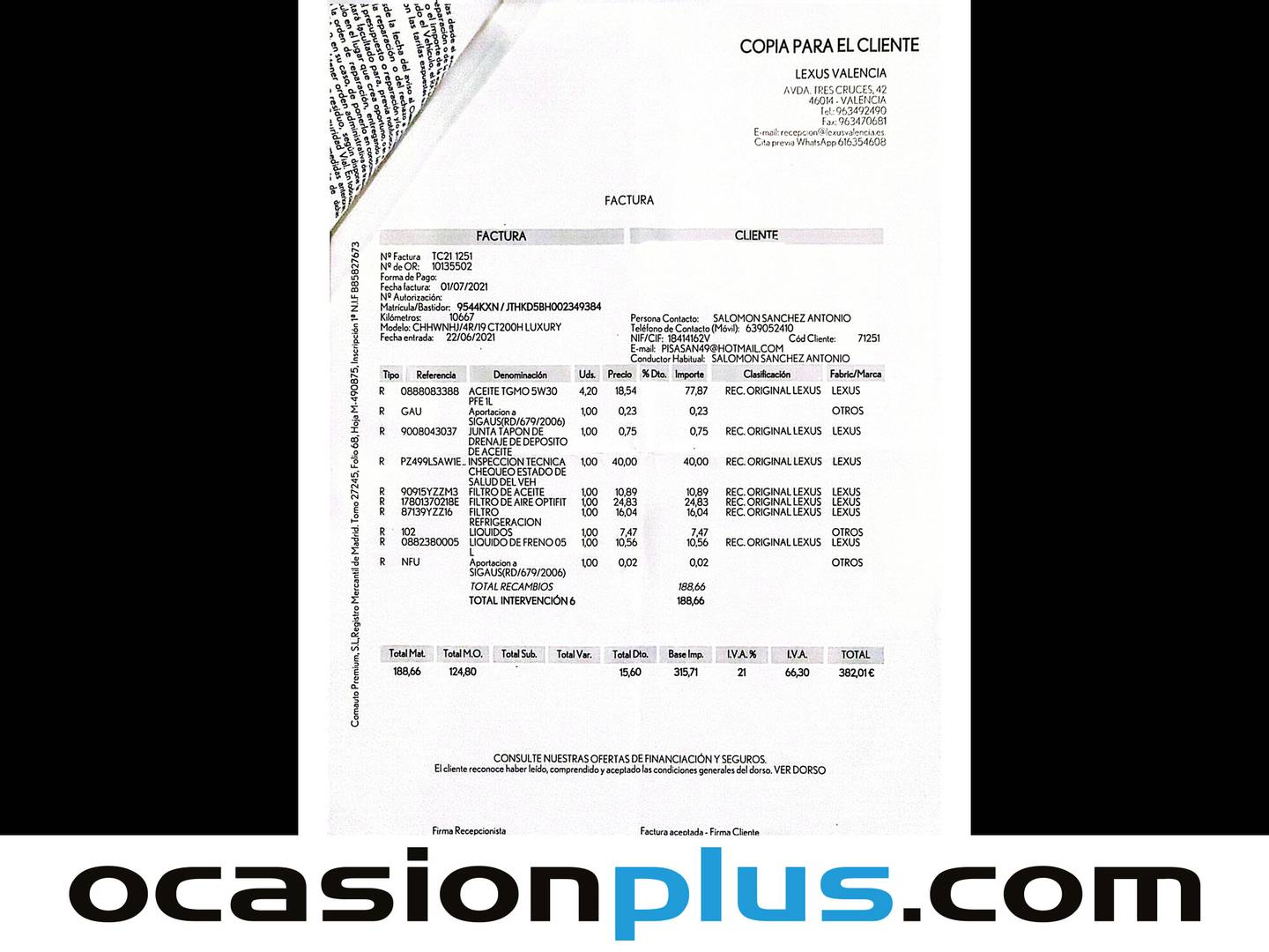 Foto del mantenimiento del Lexus CT Lexus CT 200h Luxury (136 CV)