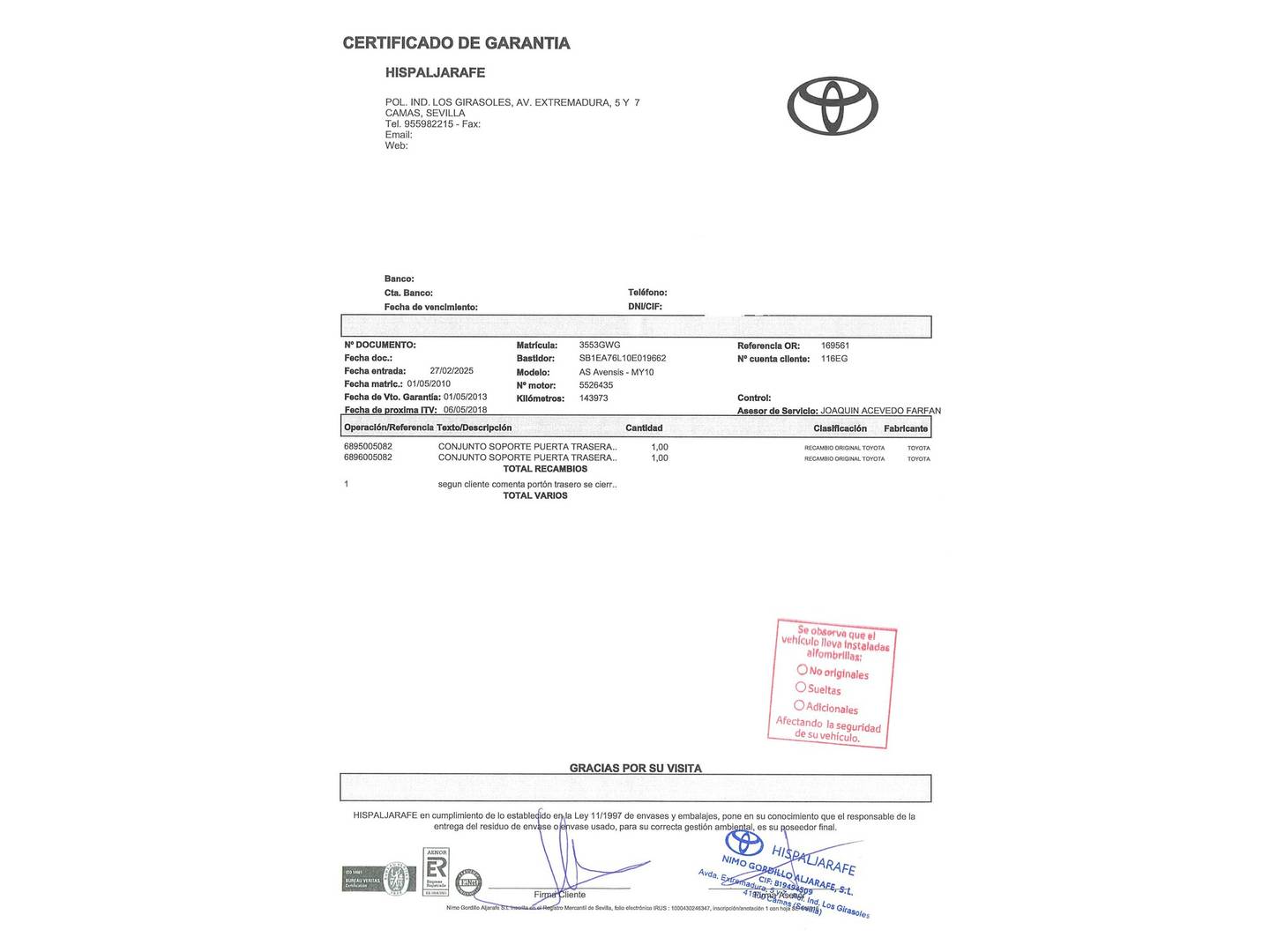 Foto del mantenimiento del Toyota Avensis Toyota Avensis 2.2 D-4D Cross Sport Advance (150 CV)