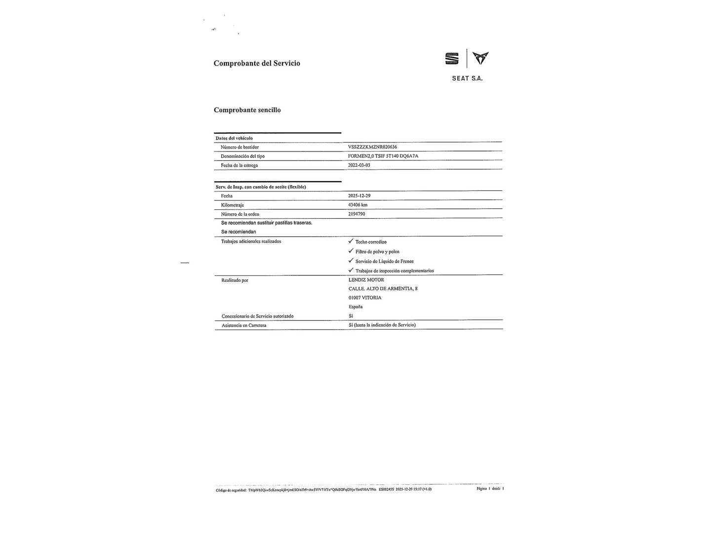 Foto del mantenimiento del Cupra Formentor Cupra Formentor 2.0 TSI 4Drive DSG (190 CV)