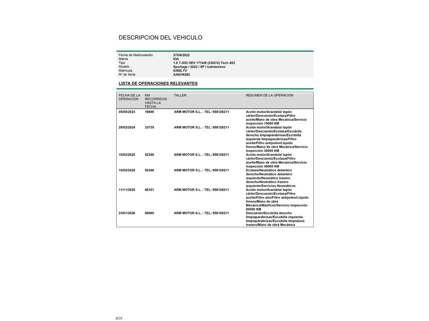Foto del mantenimiento del KIA Sportage KIA Sportage 1.6 T-GDi HEV Tech 4x2 (230 CV)