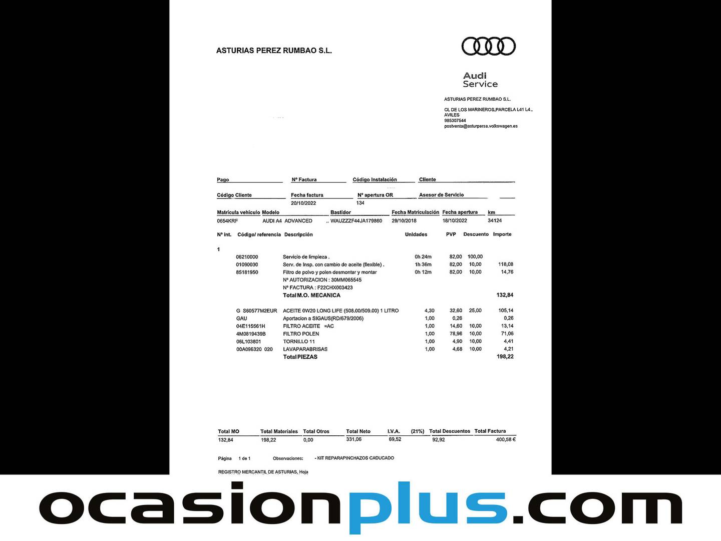 Foto del mantenimiento del Audi A4 Audi A4 Advanced edition 1.4 TFSI (150 CV)