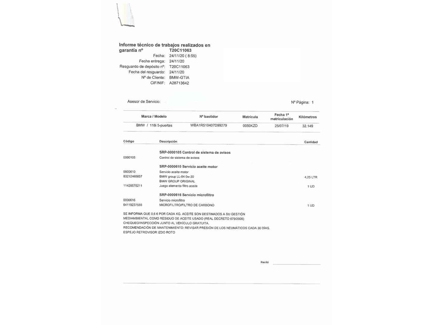 Foto del certificado del BMW Serie 1 BMW Serie 1 118i (136 CV) Pack M