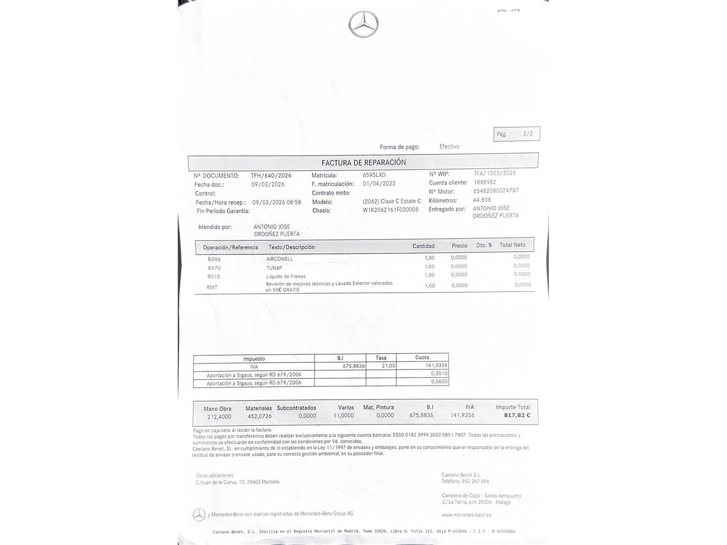 Foto del mantenimiento del Mercedes Clase C Mercedes Clase C C Estate 220 d (200 CV) Pack AMG