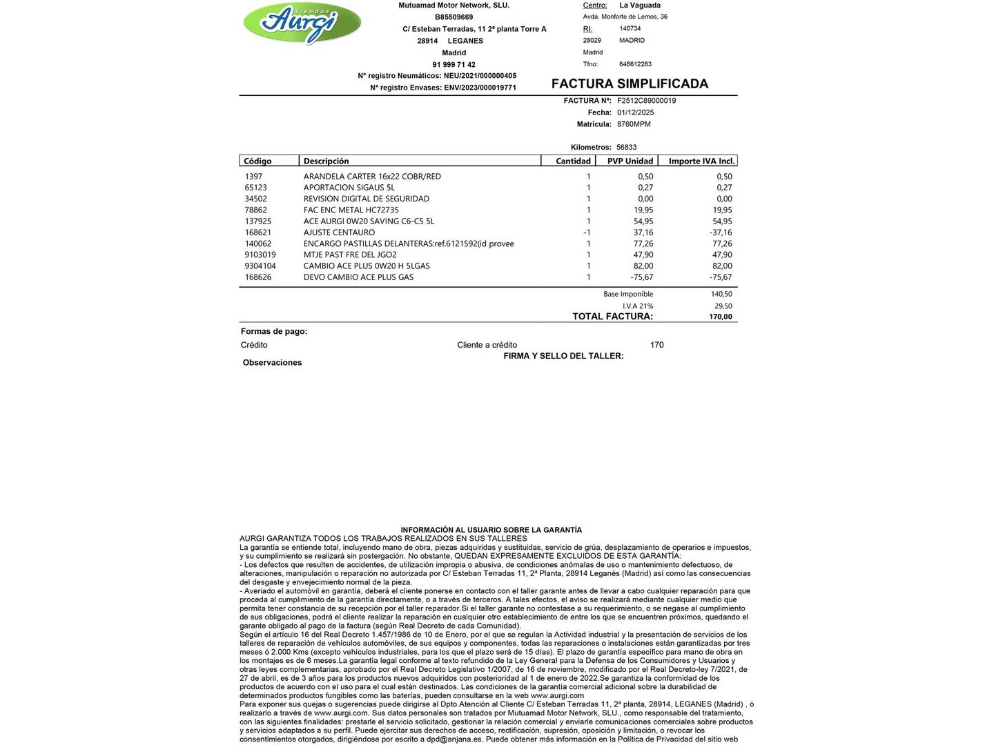 Foto del mantenimiento del Volkswagen Taigo Volkswagen Taigo Life 1.0 TSI (95 CV)