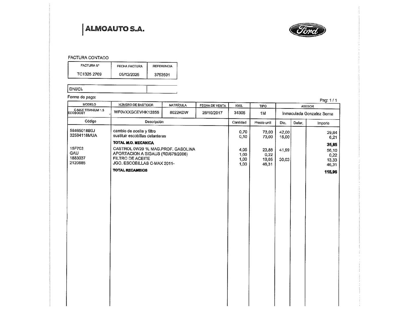 Foto del mantenimiento del Ford C-Max Ford C-Max 1.5 EcoBoost Titanium (150 CV)