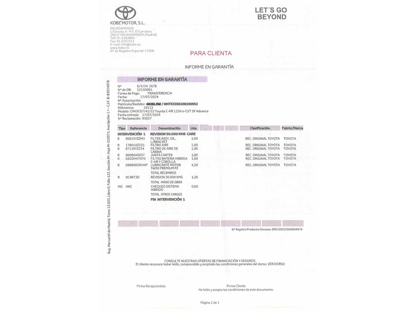Foto del mantenimiento del Toyota C-HR Toyota C-HR 1.8 125H Advance (122 CV)