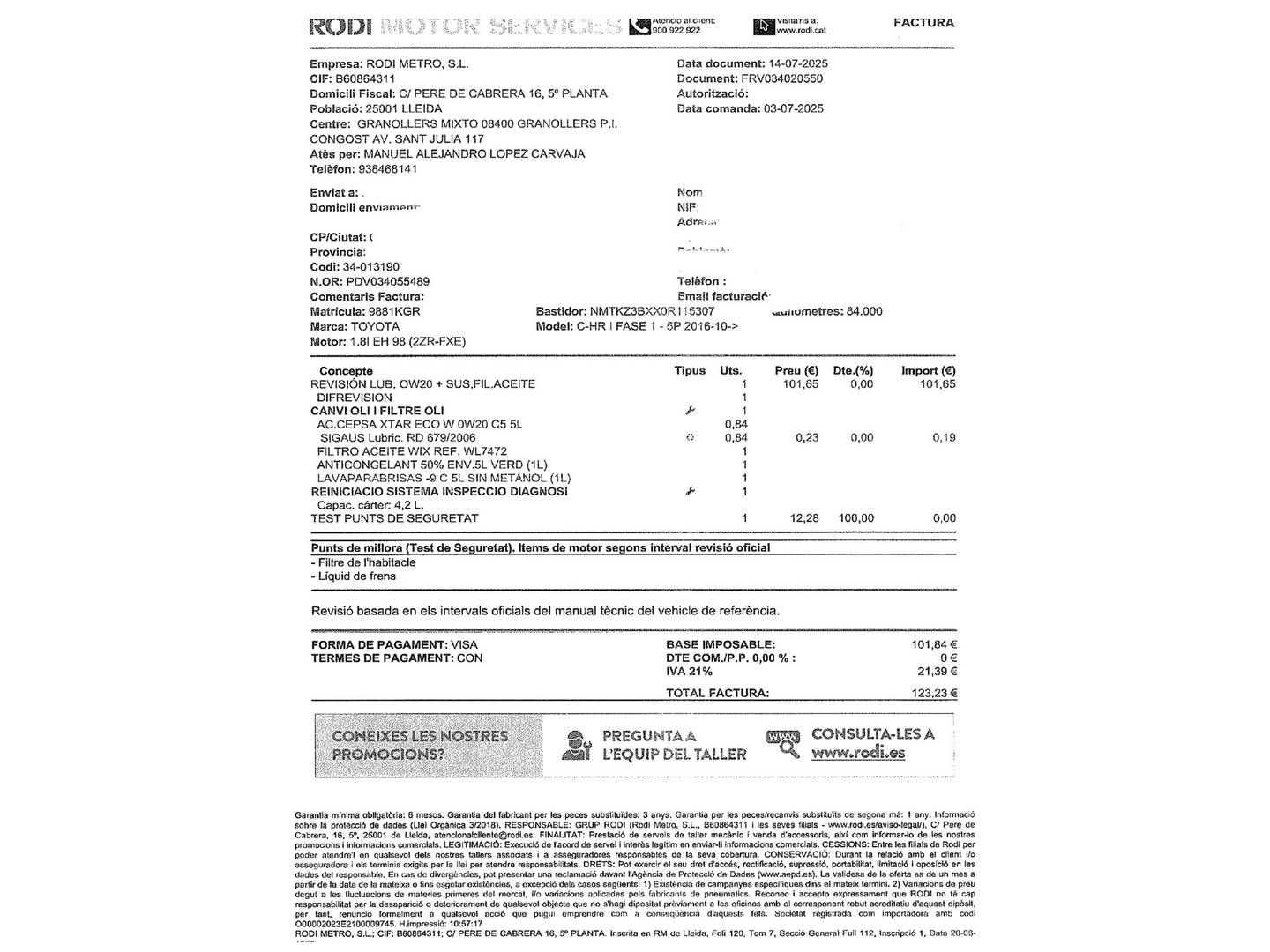 Foto del mantenimiento del Toyota C-HR Toyota C-HR 1.8 125H Advance (122 CV)