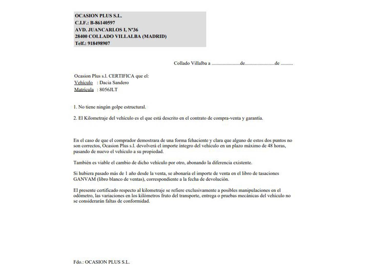 Foto del certificado del Dacia Sandero Dacia Sandero Stepway TCe (90 CV)