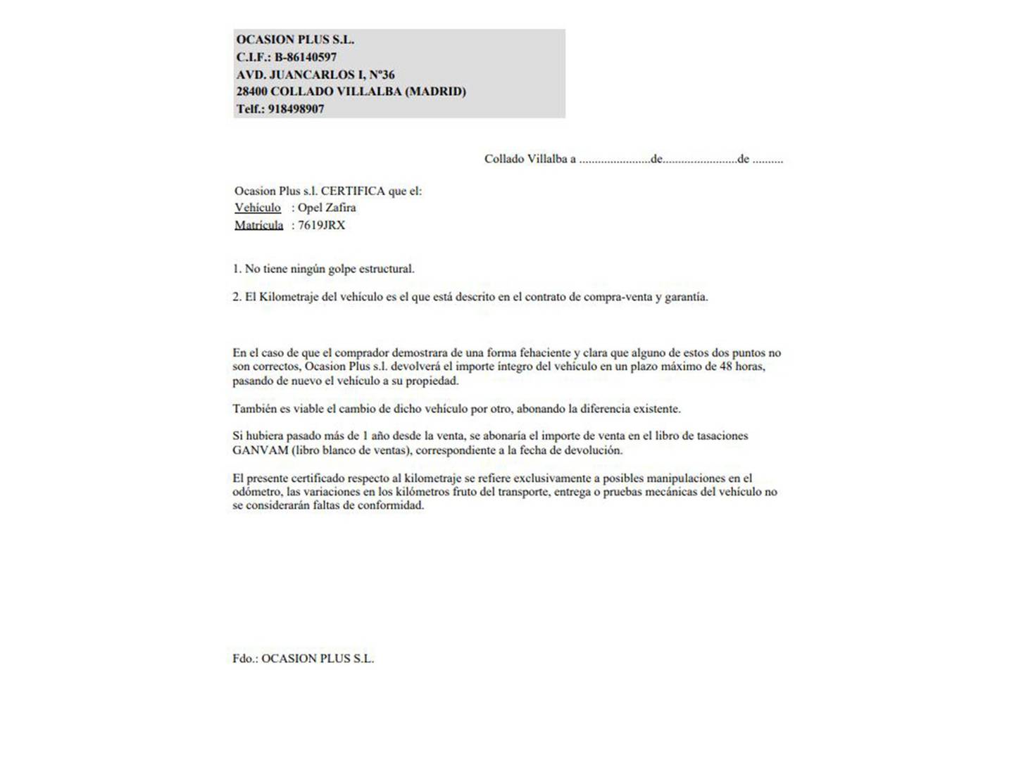 Foto del certificado del Opel Zafira Tourer Opel Zafira Tourer 1.6 CDTi S&S Expression (120 CV) 7 Plazas