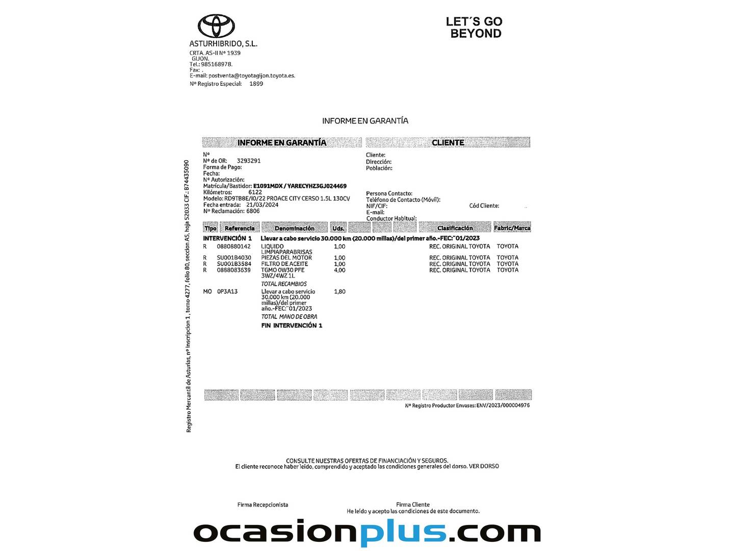 Foto del mantenimiento del Toyota Proace City Verso Toyota Proace City Verso 1.5D Family Active L2 Auto (131 CV) 7 Plazas