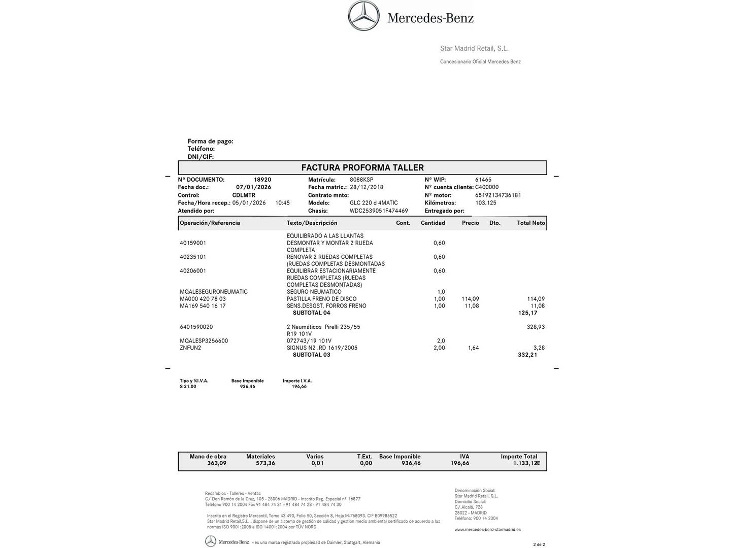Foto del mantenimiento del Mercedes Clase GLC Mercedes GLC 220 d 4Matic (170 CV)
