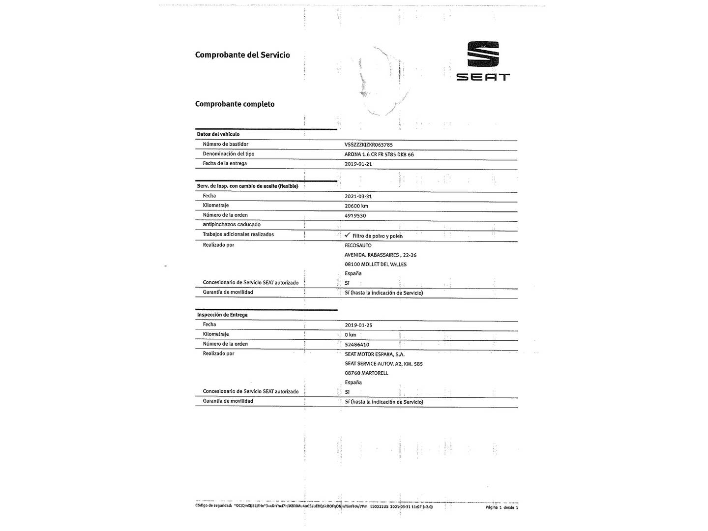 Foto del mantenimiento del Seat Arona Seat Arona 1.6 TDI Ecomotive FR (115 CV)