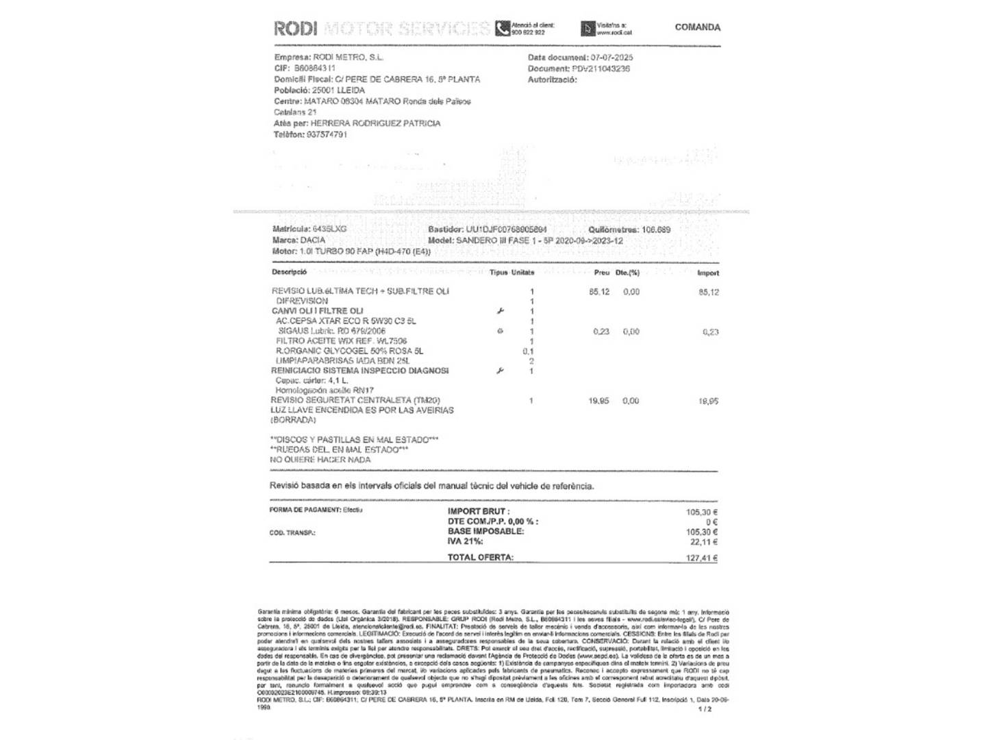 Foto del mantenimiento del Dacia Sandero Dacia Sandero Comfort TCe (91 CV)