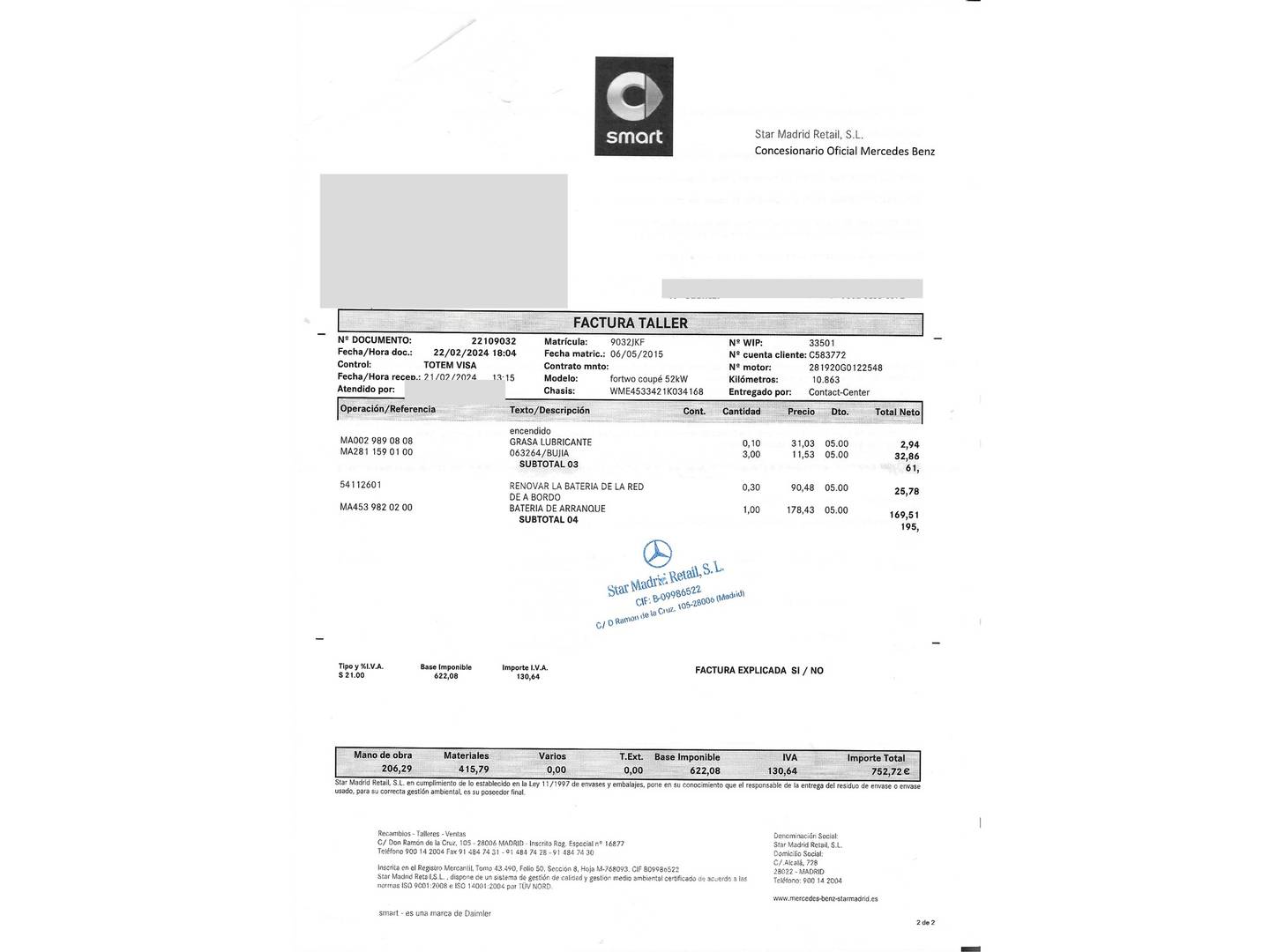 Foto del mantenimiento del Smart fortwo Smart ForTwo Coupe 52 Passion (71 CV)