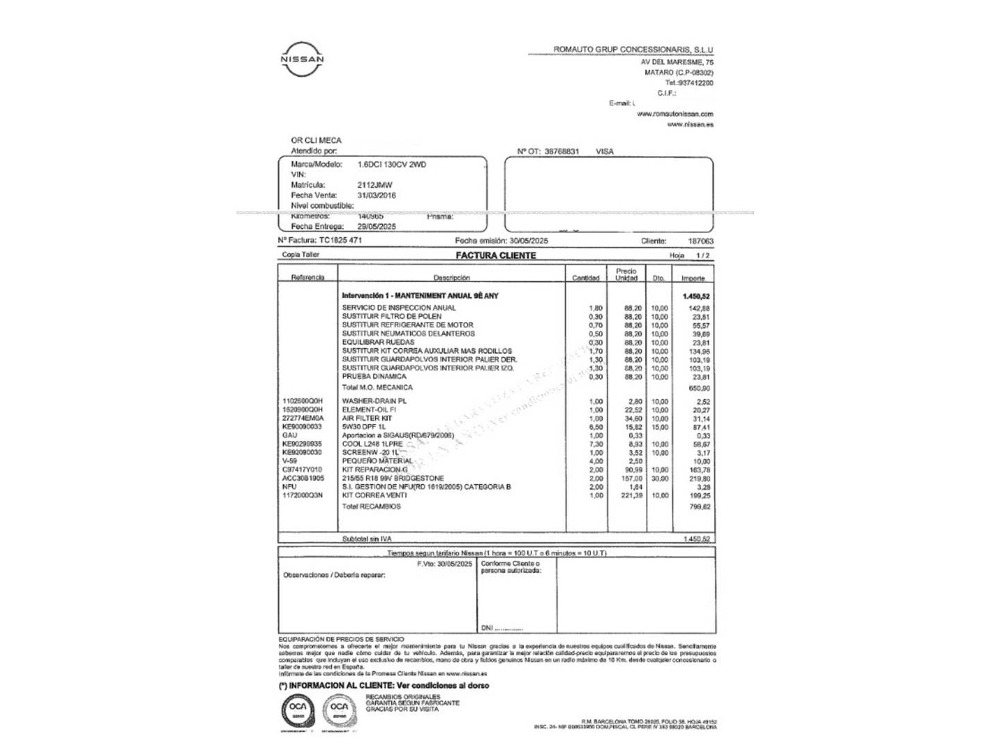 Foto del mantenimiento del Nissan QASHQAI Nissan Qashqai 1.6 dCi N-Connecta 4x2 (130 CV)